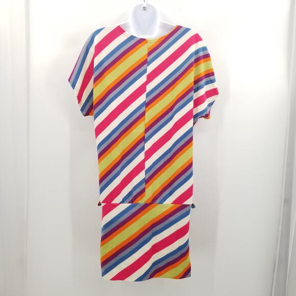 Vintage striped drop waist y2K Dress Short Sleeves Boat Neck Medium / SMall - Picture 2 of 5